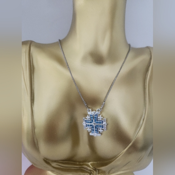 Two-Way Magnetic Silver Necklace Jerusalem Cross Blue - Picture 2 of 11